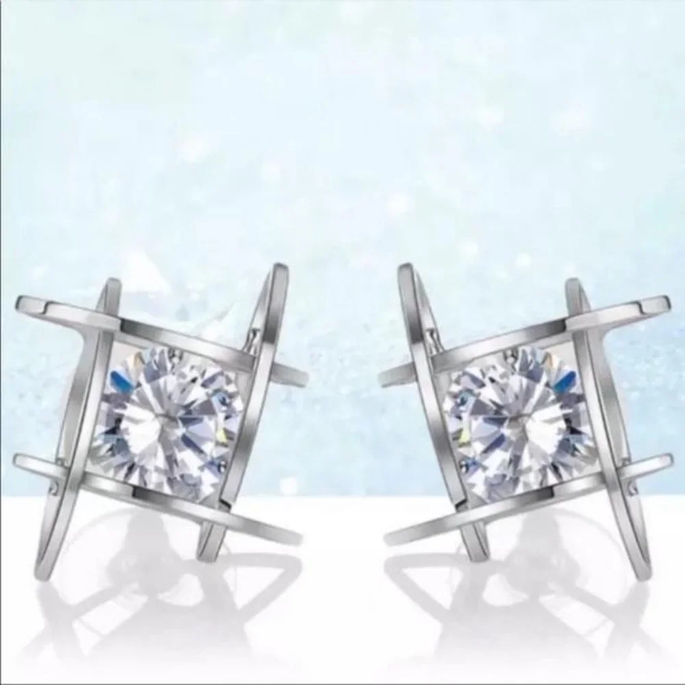 NEW STERLING SILVER 3D CAGE DIAMOND STUD EARRINGS - Picture 3 of 6